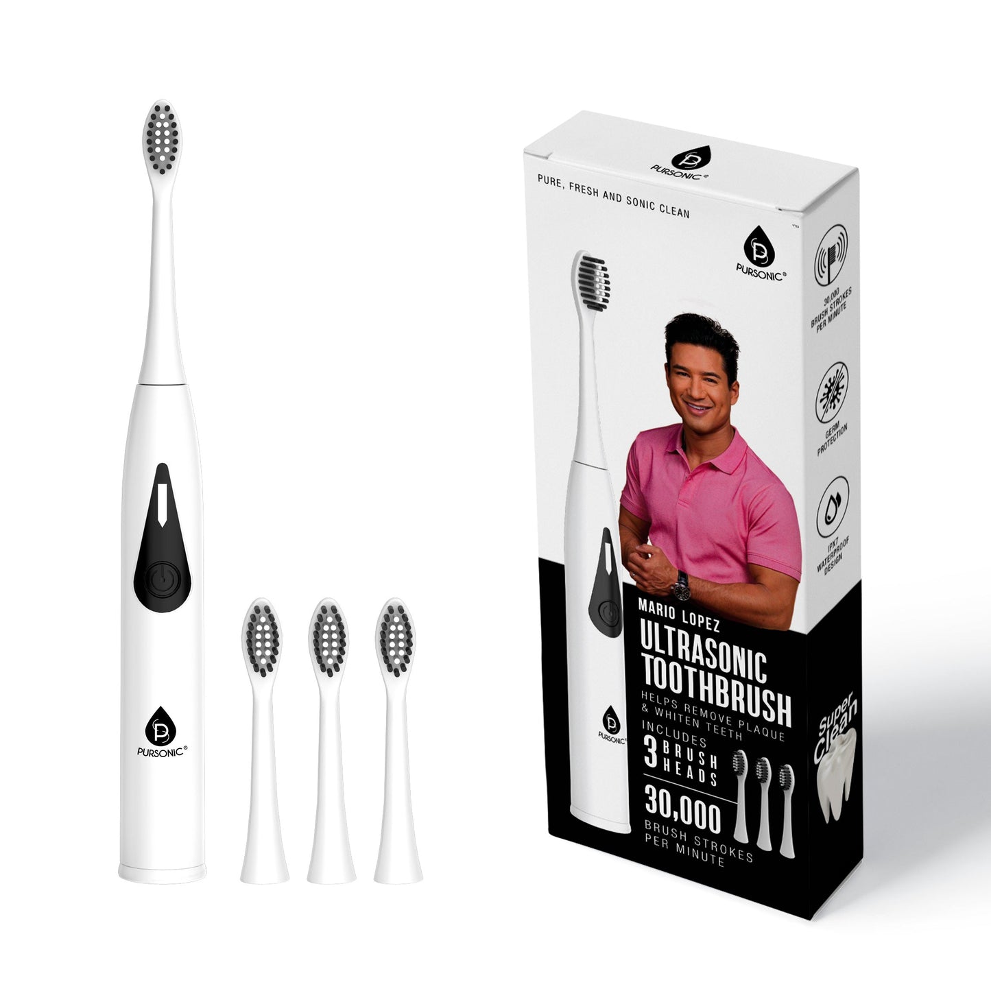 Mario Lopez Battery Powered Ultrasonic Toothbrush with 3 Brush Heads